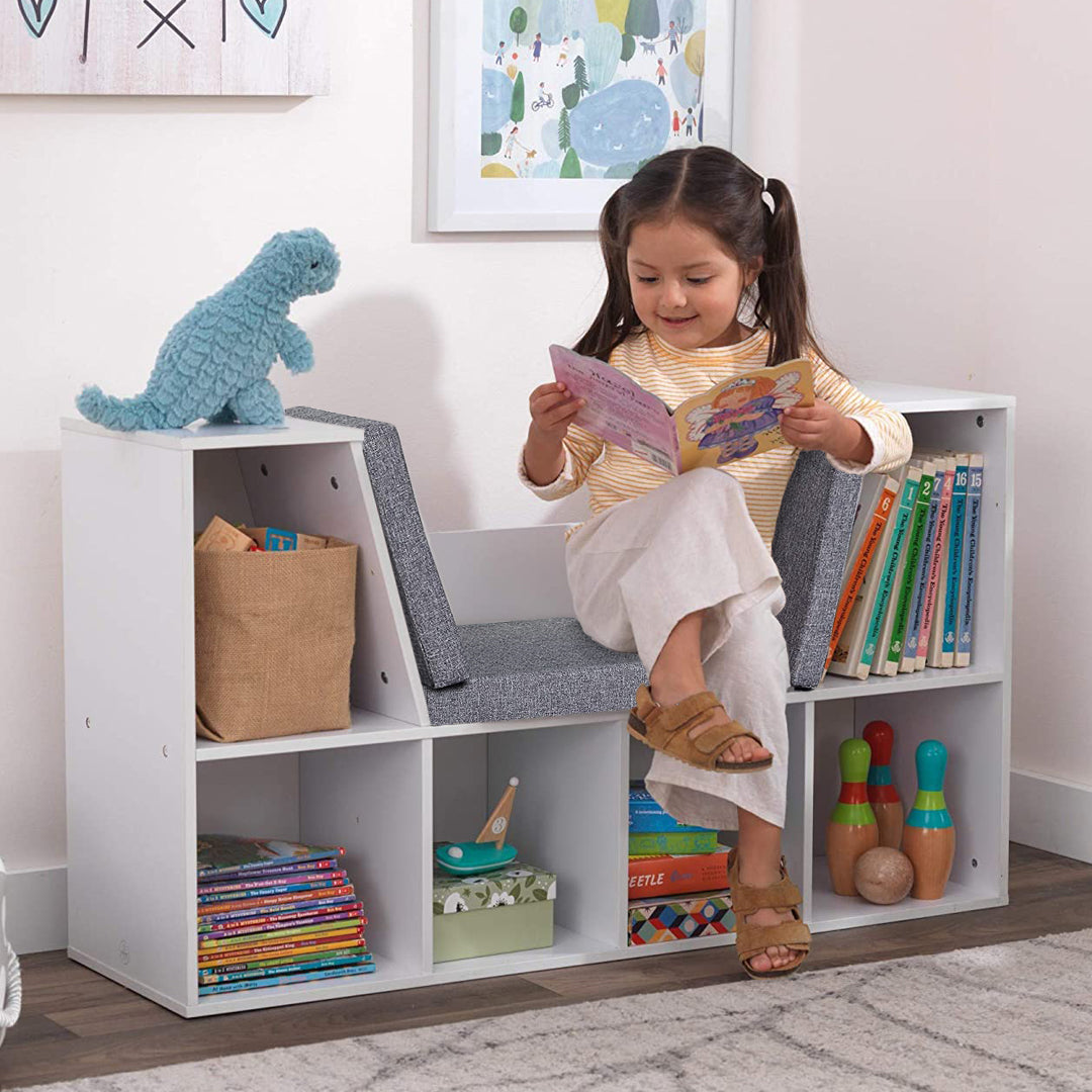 Storage shelf with seat and cushion-2